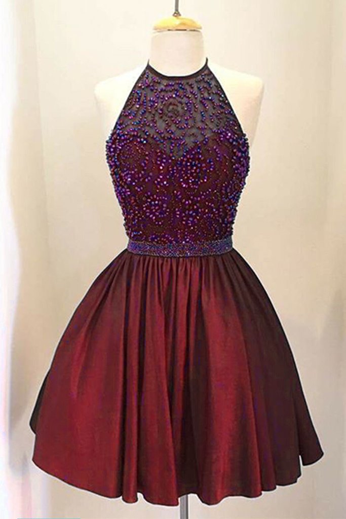Burgundy beads cute prom dress, burgundy homecoming dress,DS0999