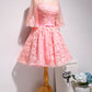 Pink Lace Round Neck Short Prom Dress, Party Dress With Mid Sleeve,DS0995