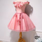 Pink Tulle Off Shoulder Short Pearl Prom Dress, Lace Homecoming Dress,DS0997