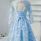 Blue round neck lace short prom dress, blue homecoming dress,DS0998