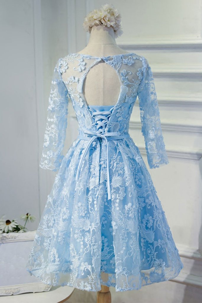 Blue round neck lace short prom dress, blue homecoming dress,DS0998