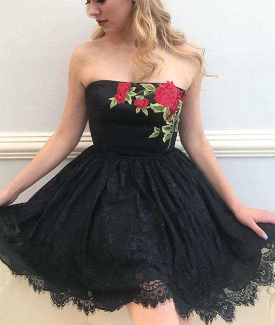 Black tulle lace short prom dress, black homecoming dress,DS1282