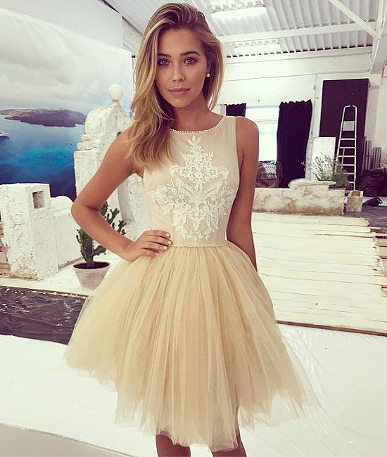 Champagne lace tulle short prom dress, champagne homecoming dress,DS1307