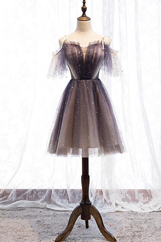 Cute tulle short prom dress tulle lace gray homecoming dress,DS2288