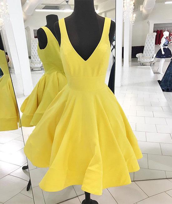 Yellow v neck satin short prom dress, yellow homecoming dress,DS1314