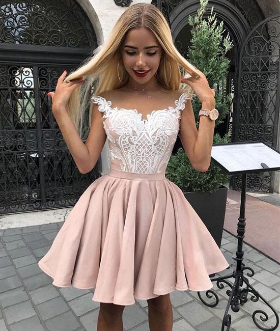 Cute pink lace short prom dress, pink homecoming dress,DS1276