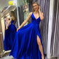 Royal blue satin long prom dress, backless long evening dress ,DS4009