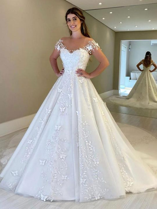 White off shoulder tulle lace long bridal dress, lace wedding dress ,DS2554