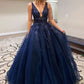 Dark blue v neck lace applique long prom dress lace evening dress,DS2005