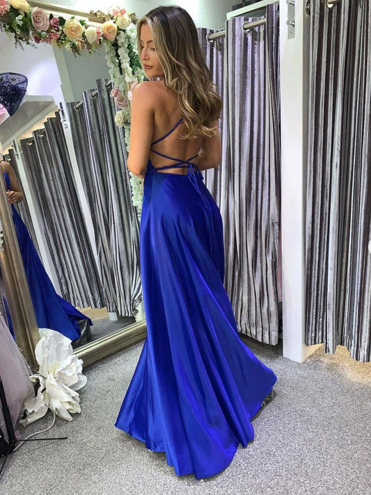 Simple blue satin long prom dress, blue satin bridesmaid dress ,DS2556
