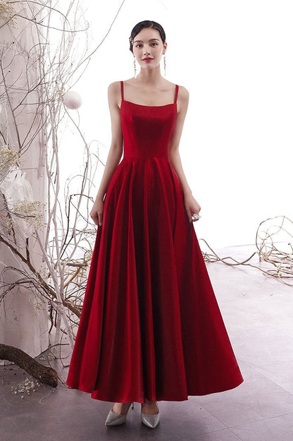 Simple burgundy satin prom dress, burgundy evening dress,DS2429