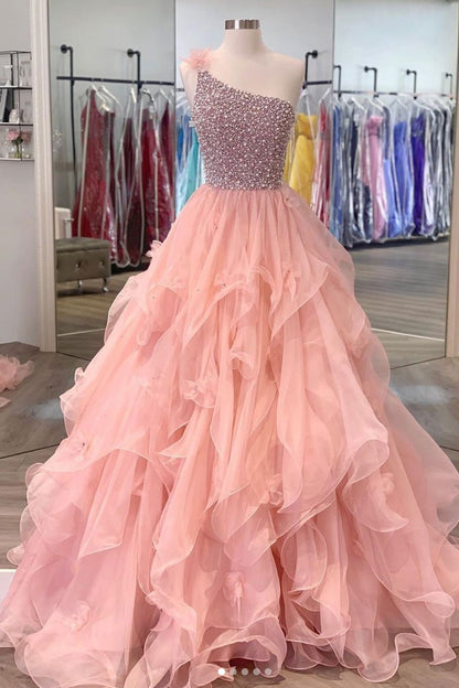 Pink one shoulder beads long prom dress pink evening dress,DS2134
