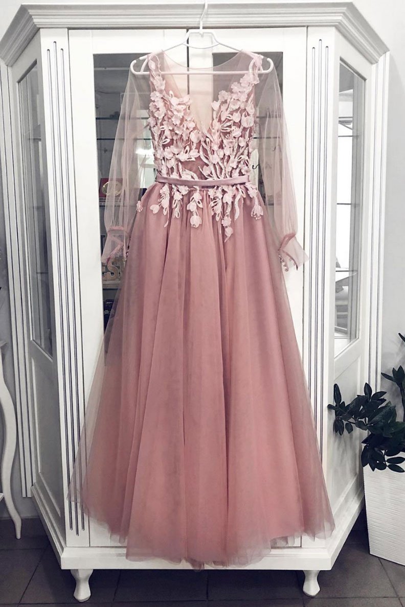 Pink tulle lace long prom dress, pink tulle formal dress,DS2418