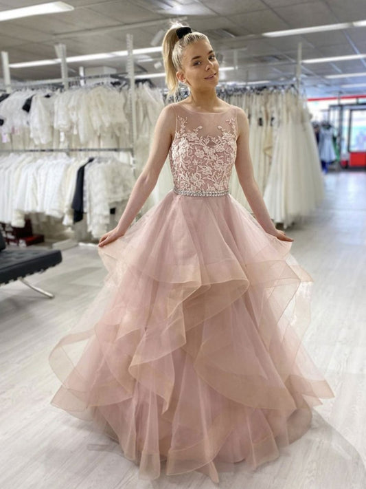 Pink round neck tulle lace long prom dress, lace sweet 16 dress,DS2549