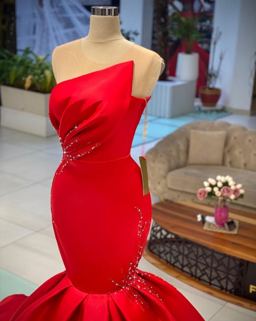 Designer Long Red Sleeveless Mermaid Prom dresses,F04804