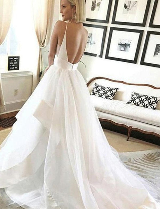 V Neck Backless White Wedding Dresses, White Backless Prom Dresses, Evening Dresses,DS1784