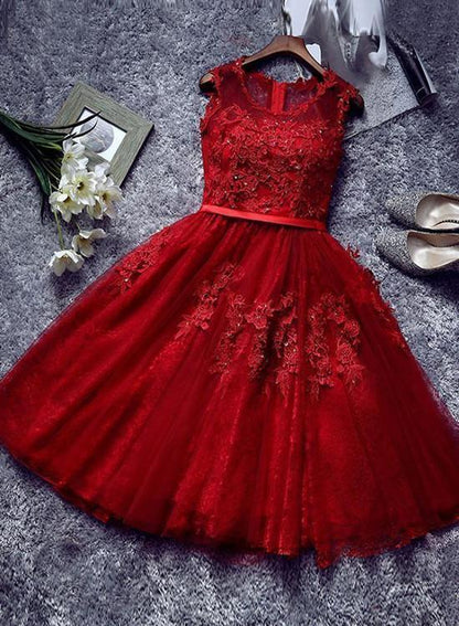 Dark Red Simple Tulle Round Neckline Tulle Party Dress with Applique, Prom Dress,DS1130