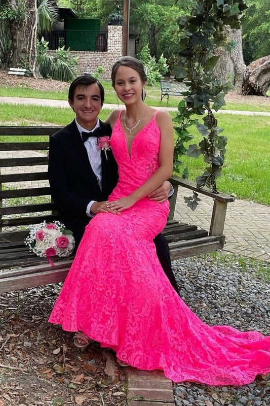 Hot pink lace mermaid prom evening dresses,party gown with sweep train,DS4120