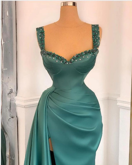 Affordable Green Satin Slit Long Prom Dress On Sale,DS2835