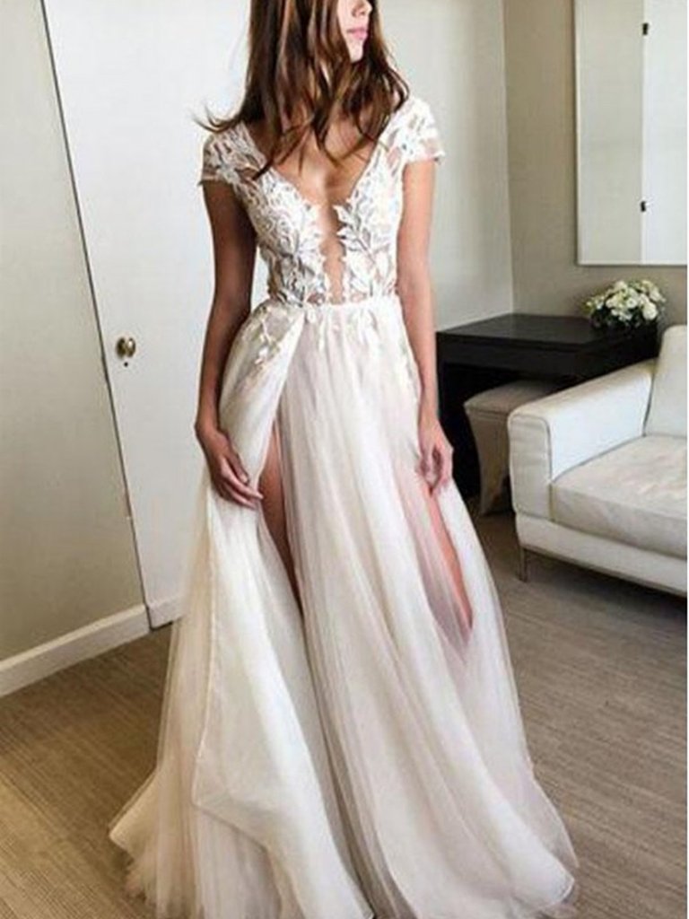 Round Neck Cap Sleeves Backlesss Lace Wedding Dresses, Ivory Backless Lace Prom Dresses Evening Dresses,DS1791