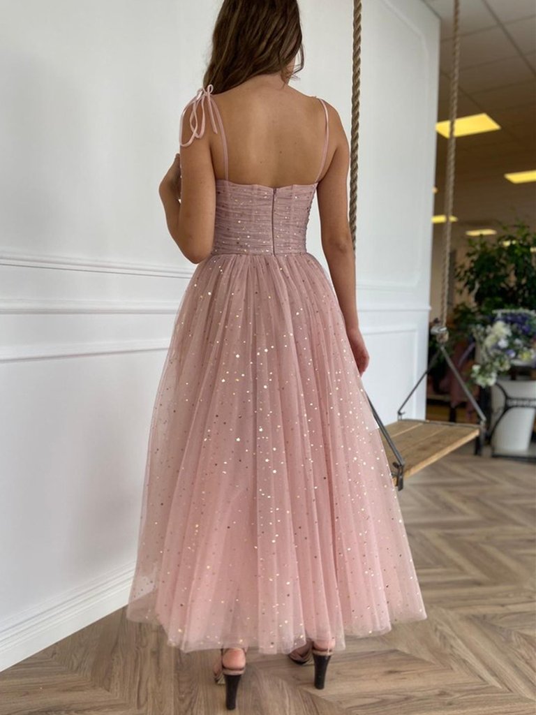 Spaghetti Straps Sequins Pink Tea Length Prom Dresses, Shiny Sequins Pink Homecoming Dresses, Pink Formal Evening Dresses,DS1061