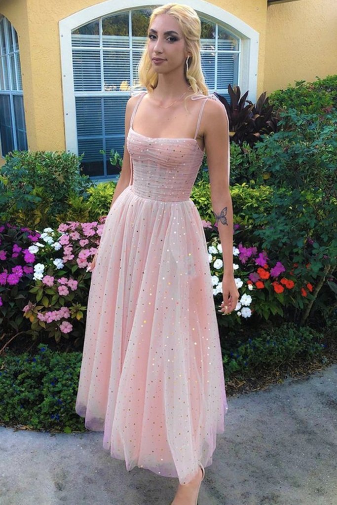 Spaghetti Straps Sequins Pink Tea Length Prom Dresses, Shiny Sequins Pink Homecoming Dresses, Pink Formal Evening Dresses,DS1061