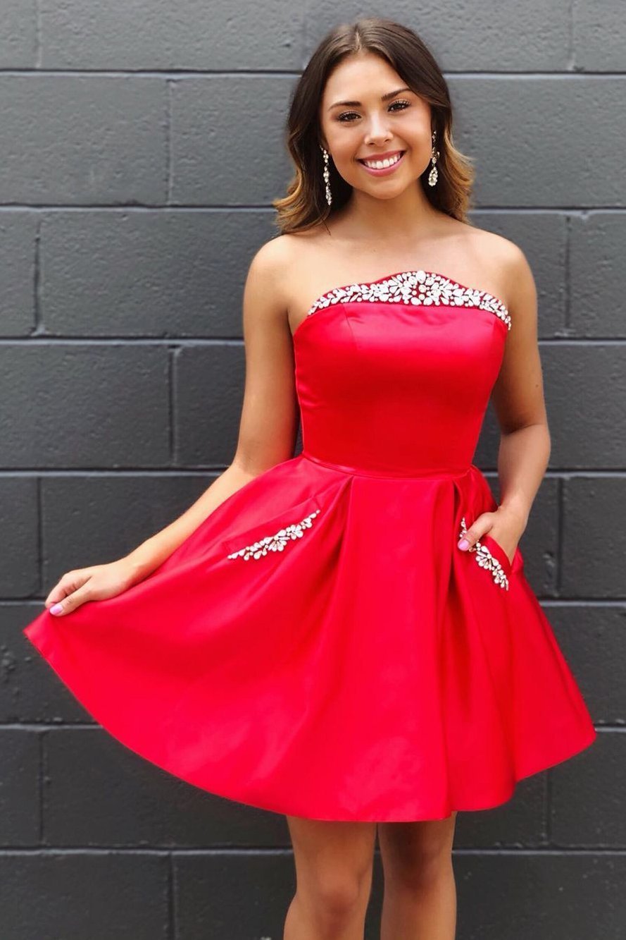 Strapless Crystals Short Satin Homecoming Dress with Pockets ,DS0841