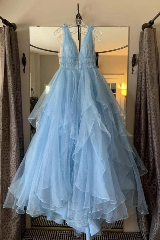 Blue tulle long ball gown dress A line formal dress,DS3203