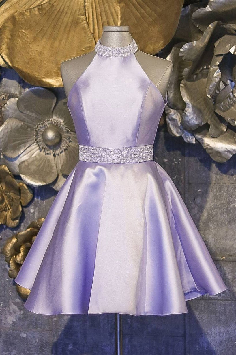 Halter Short Lavender Homecoming Dress with Beading,DS0849