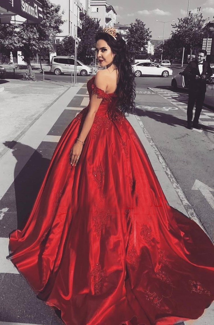 Ball Gown Off The Shoulder Red Satin Prom Dresses,DS4605