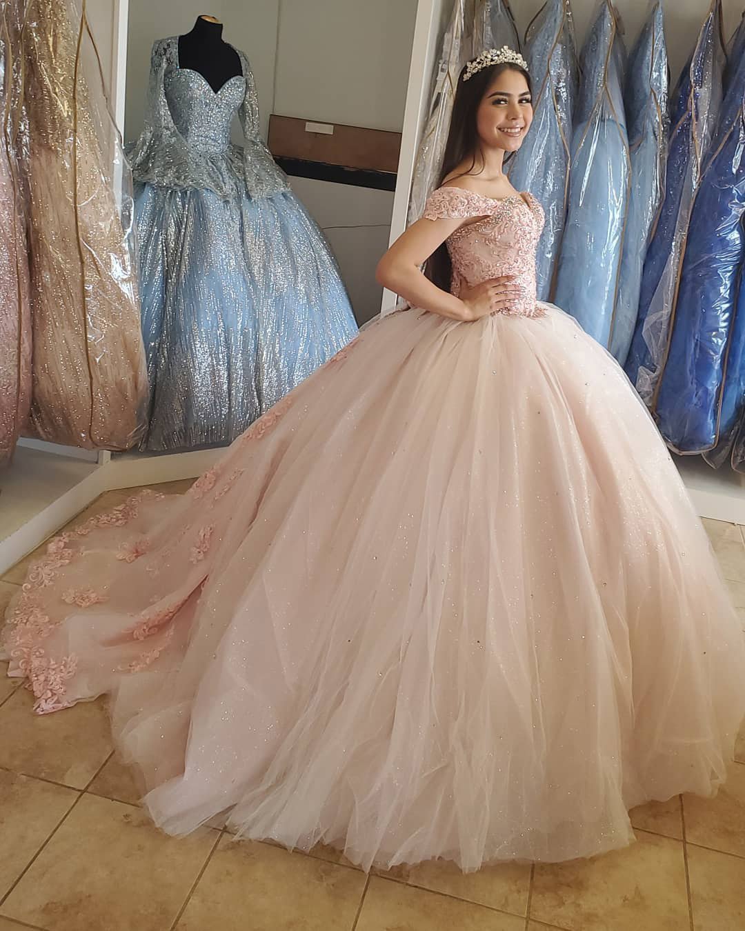 Blush Pink Lace Quinceanera Dresses Sparkly Ball Gowns Sweet 16 Dress,DS0121