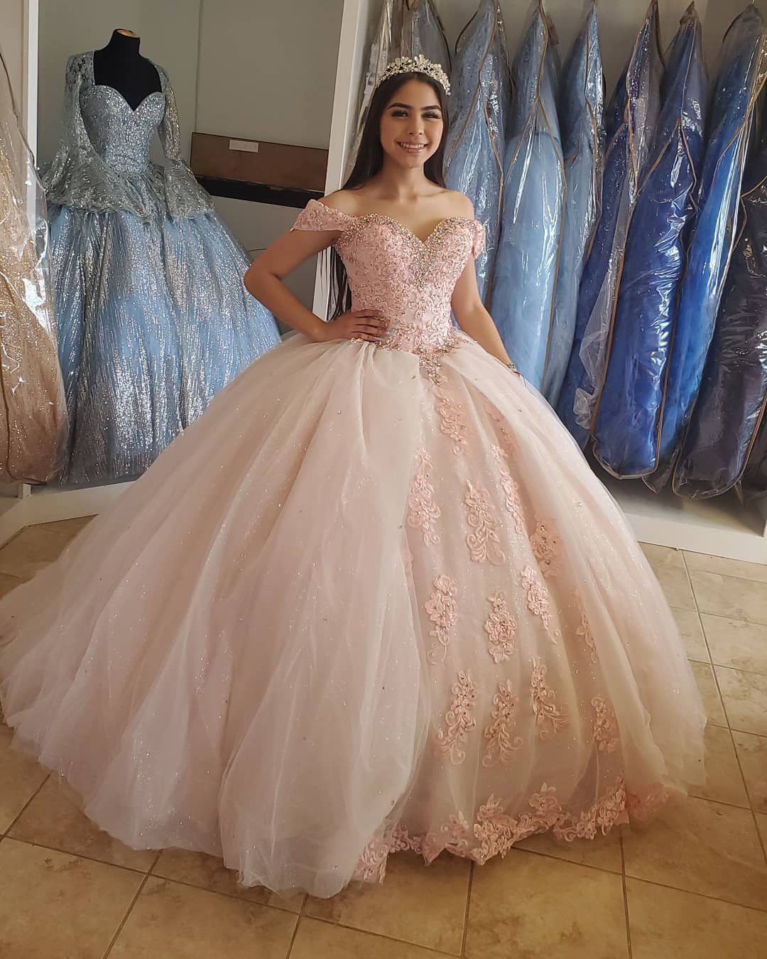 Blush Pink Lace Quinceanera Dresses Sparkly Ball Gowns Sweet 16 Dress,DS0121