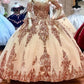 Sparkly Rose Gold Quinceanera Prom Dresses Sweetheart Lace Applique Sequins Ball Gown Tulle Formal Dress,DS0129