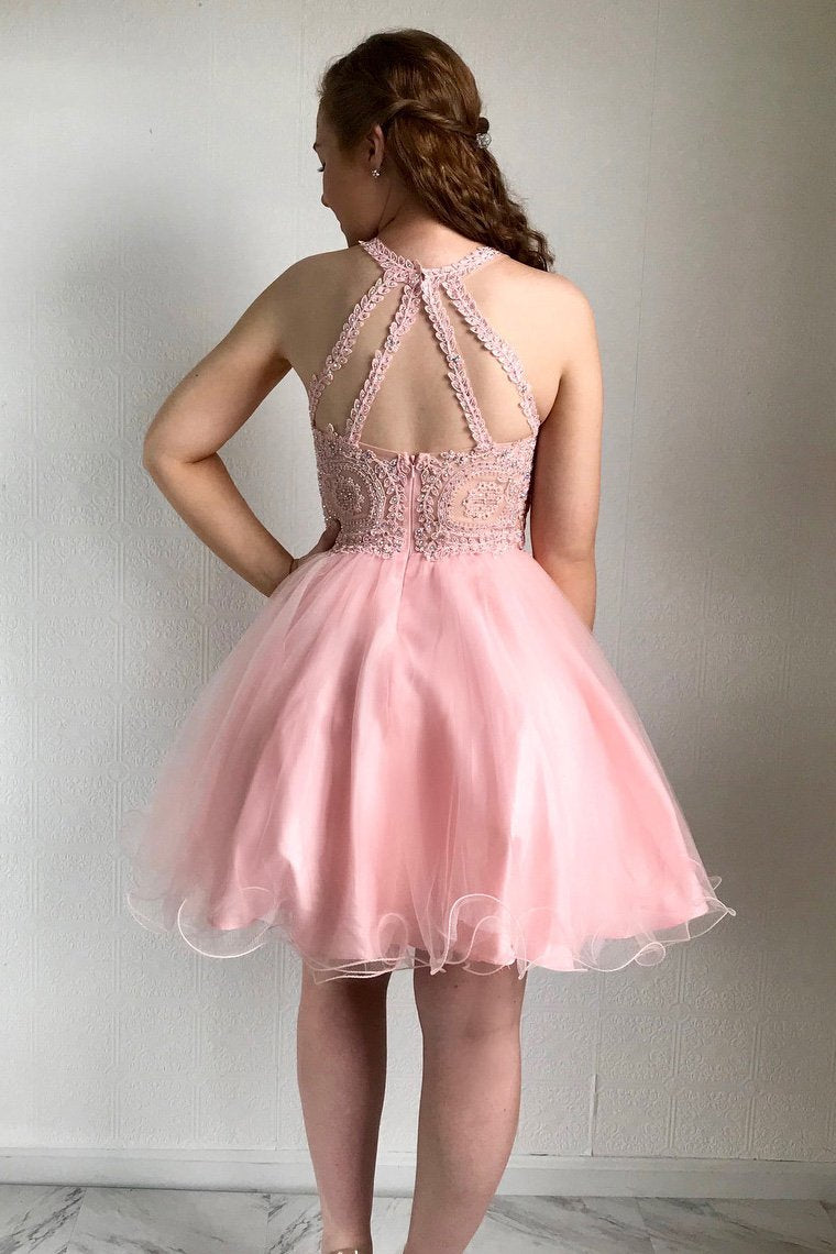 Cute Pink Crew Neck Beaded Short Homecoming Dress,DS0914