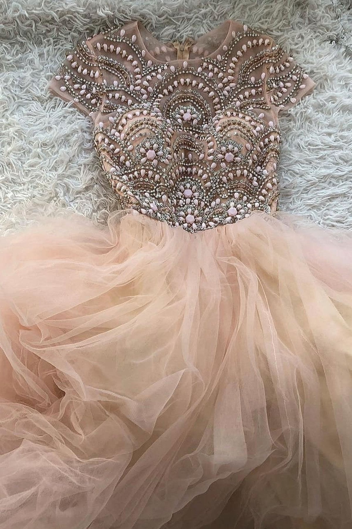 Pink round neck tulle beads long prom dress pink tulle formal dress,DS2384