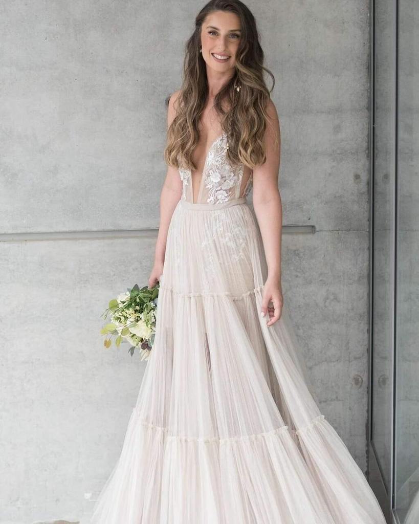 Charming A-Line Tulle Embroidery Appliques V-neck Bohemain Wedding Dress ,DS2677