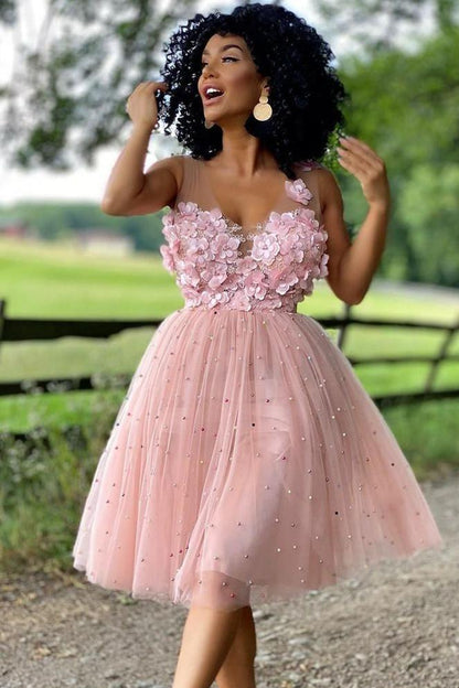 Princess A-Line Pink Beaded Homecoming Dress with Flowers,DS0939