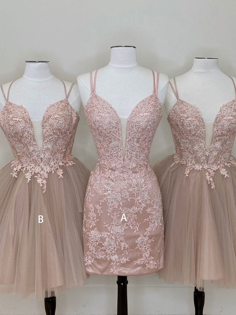 Cute tulle pink lace short prom dress, cute lace homecoming dress ,DS0817
