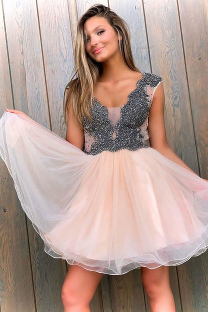 Cute v neck tulle beads short prom dress tulle homecoming dress,DS1196