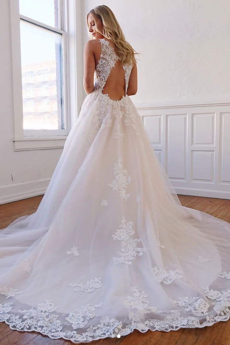 unique v neck tulle lace long prom dress, lace wedding dress,DS2394