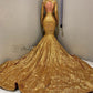 Gorgeous Gold Sequins Long Sleeves Prom Dress Mermaid Deep V-Neck,DS4647