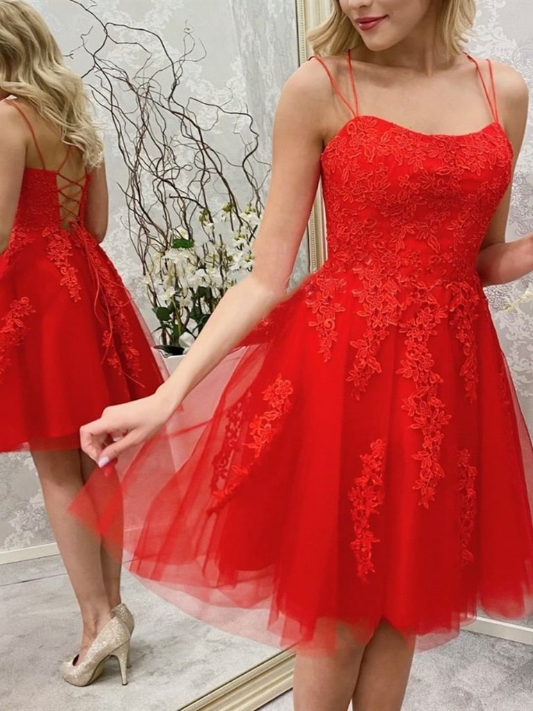 Spaghetti Straps Short Red Lace Prom Dresses, Short Red Lace Graduation Homecoming Dresses,DS0811