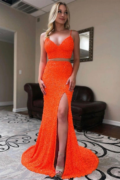 Two Piece Orange Sequins Long Prom Dress,DS4225