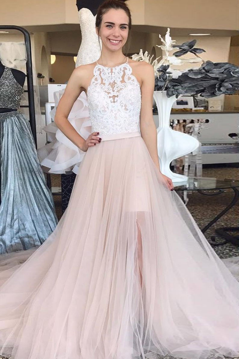 Champagne tulle lace long prom dress, champagne evening dress,DS2410