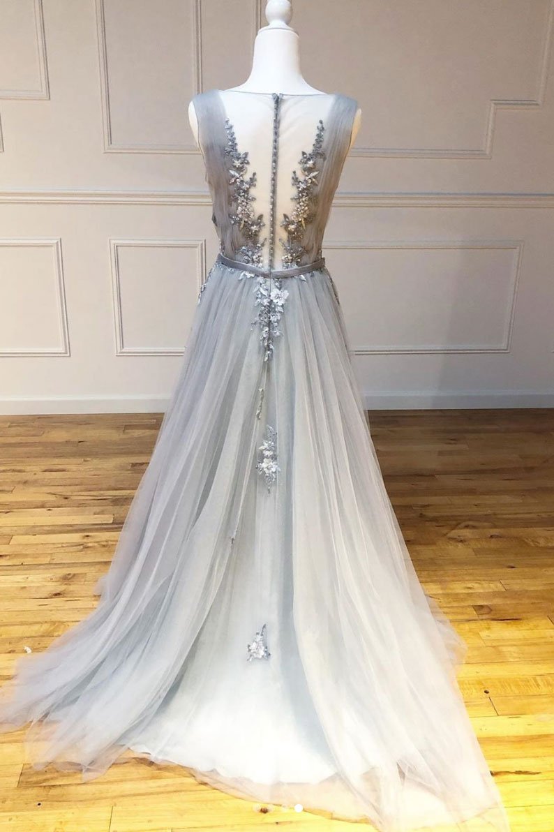 Gray round neck tulle lace long prom dress gray lace evening dress,DS2360