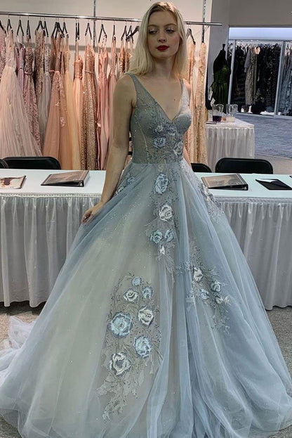 Gray v neck tulle lace sequin long prom dress gray evening dress,DS2370