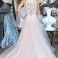 Champagne tulle lace long prom dress, champagne evening dress,DS2410