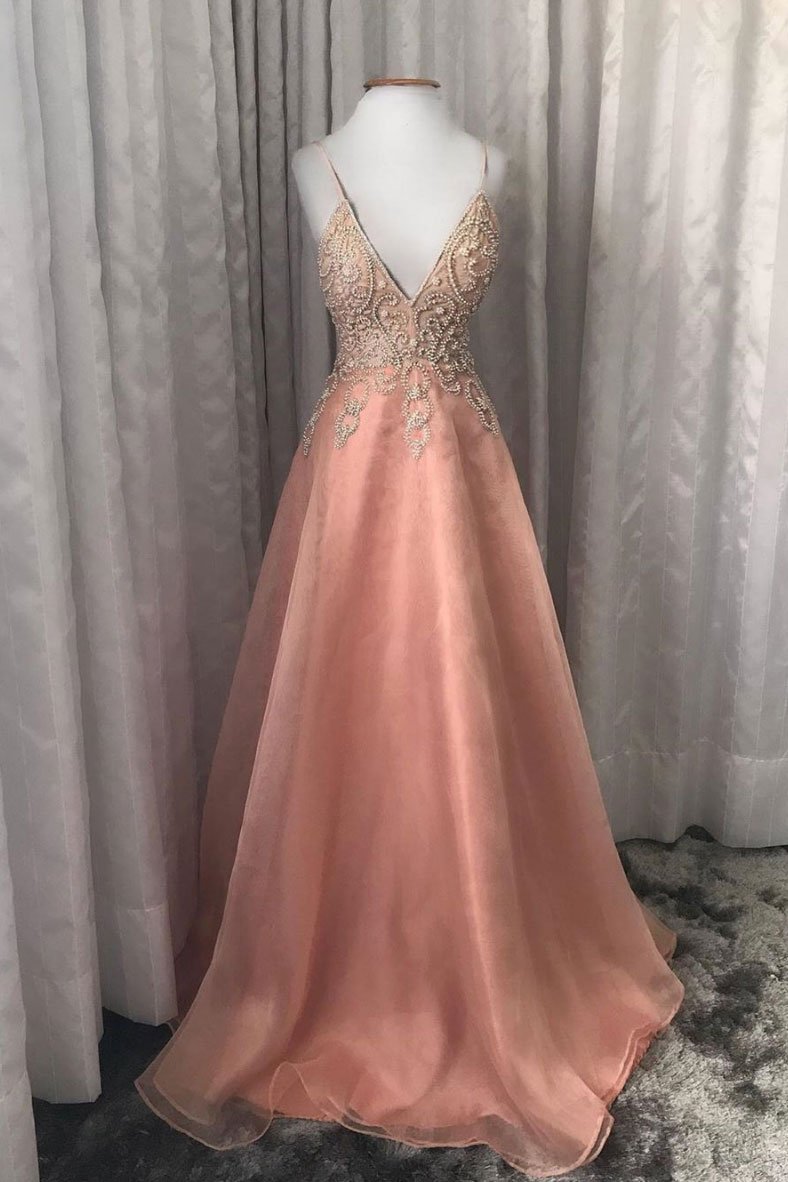 Pink v neck tulle beads long prom dress pink evening dress,DS2361