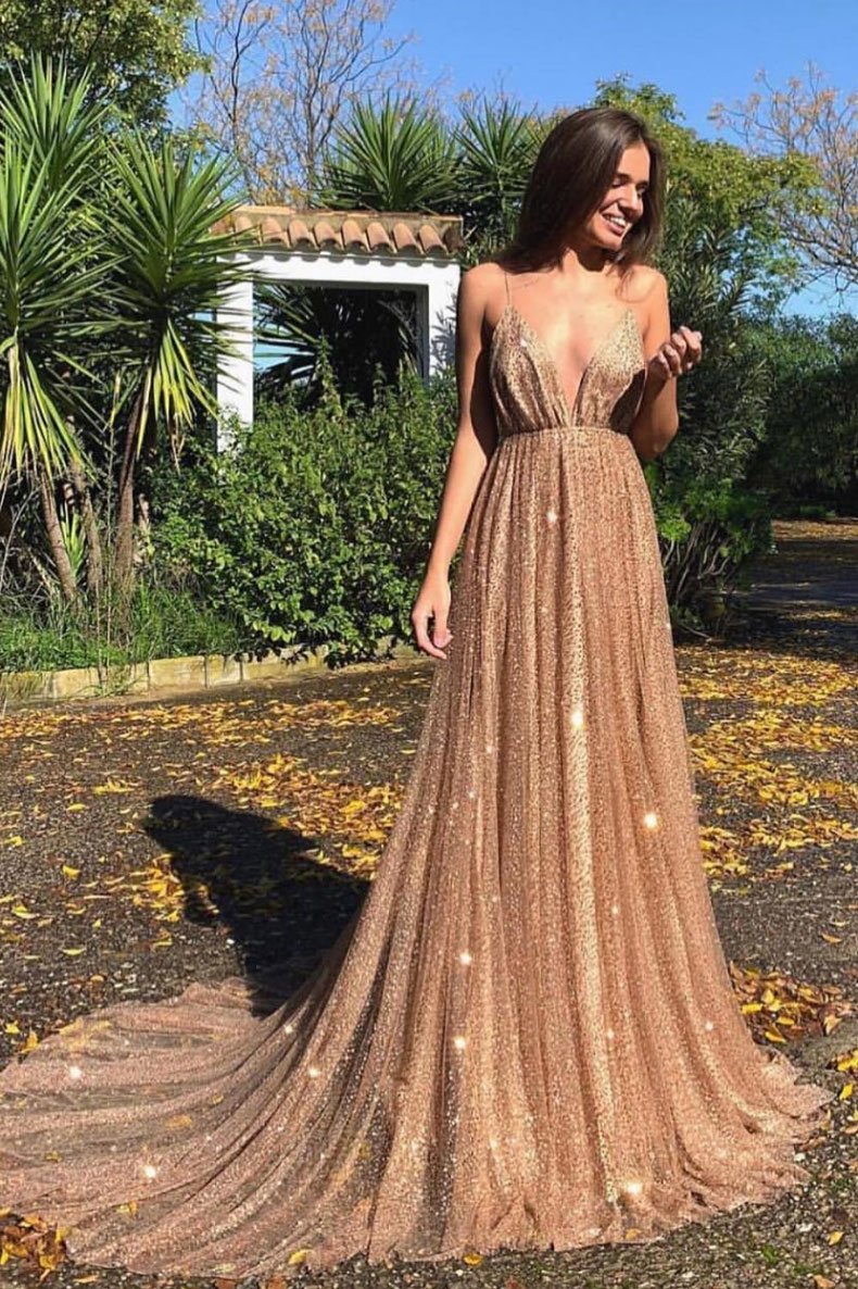 Champagne v neck tulle sequin long prom dress, champagne evening dress,DS2421