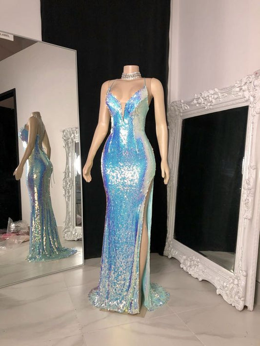 Sexy Backless Sequins Prom Dresses Cheap 2022 Spaghetti Straps Mermaid Sleeveless Evening Gowns,DS4040